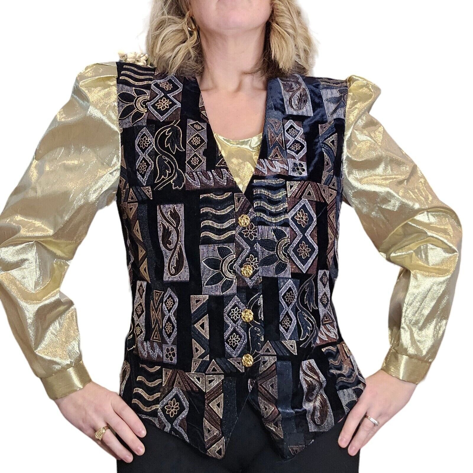 80s Medium Gold Foil Black Velvet Vest Longsleeve Cocktail