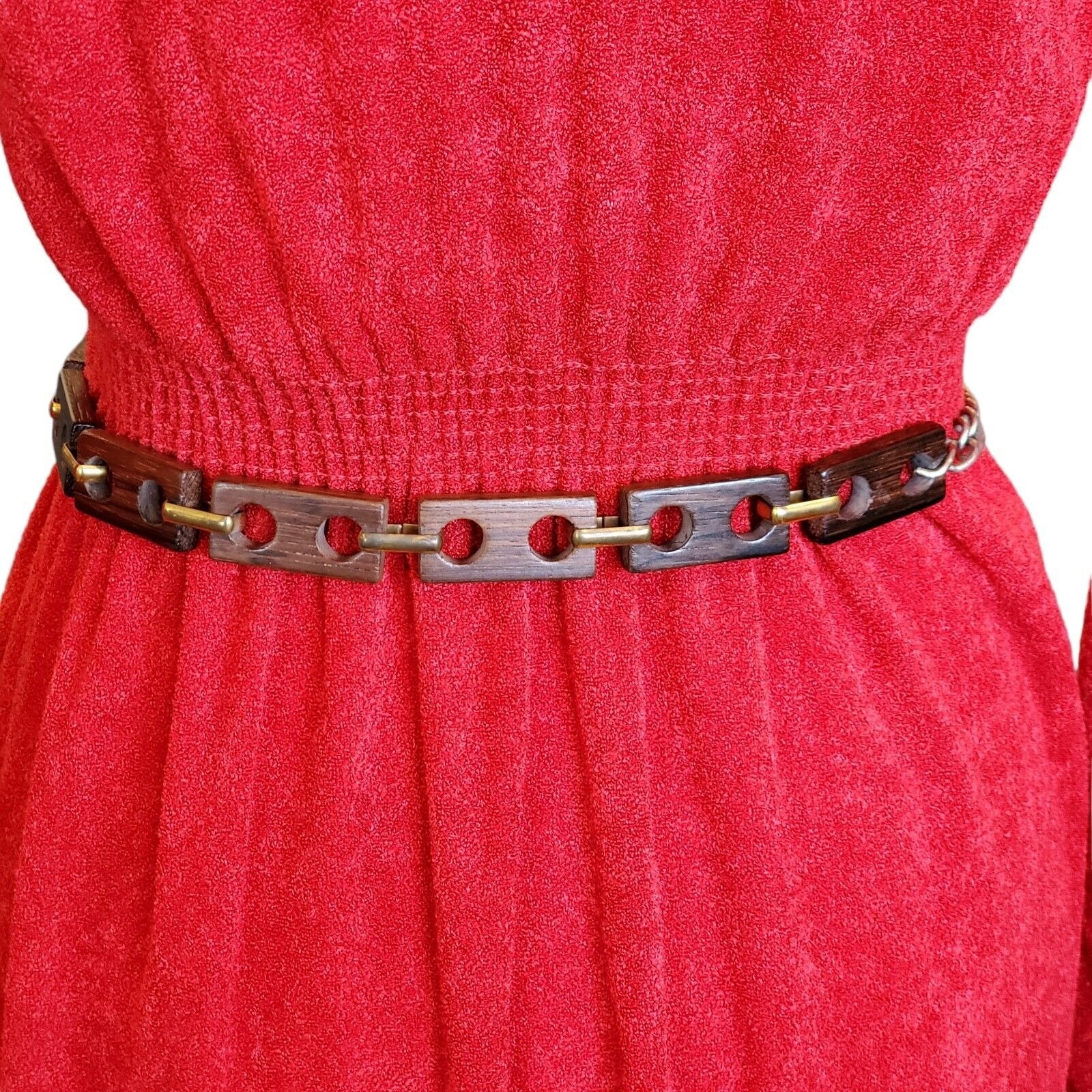 Vintage‎ 80s Faux Wood Link Waist Belt Brown Boho Geometric Brass Silver 24-31\