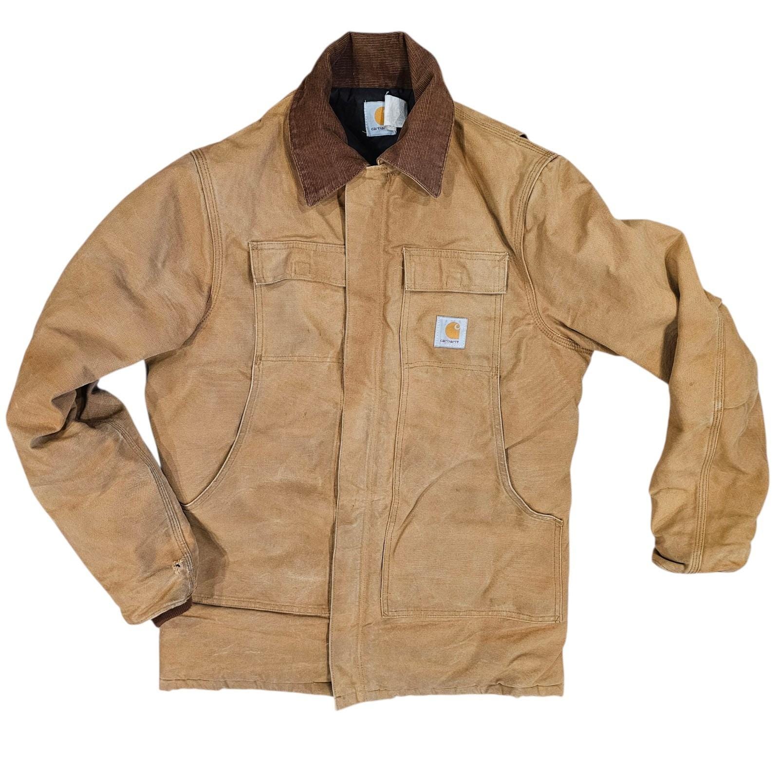 VTG CARHARTT Chore Coat Hooded Tan Canvas CQ196 Sz 42 Tall Large