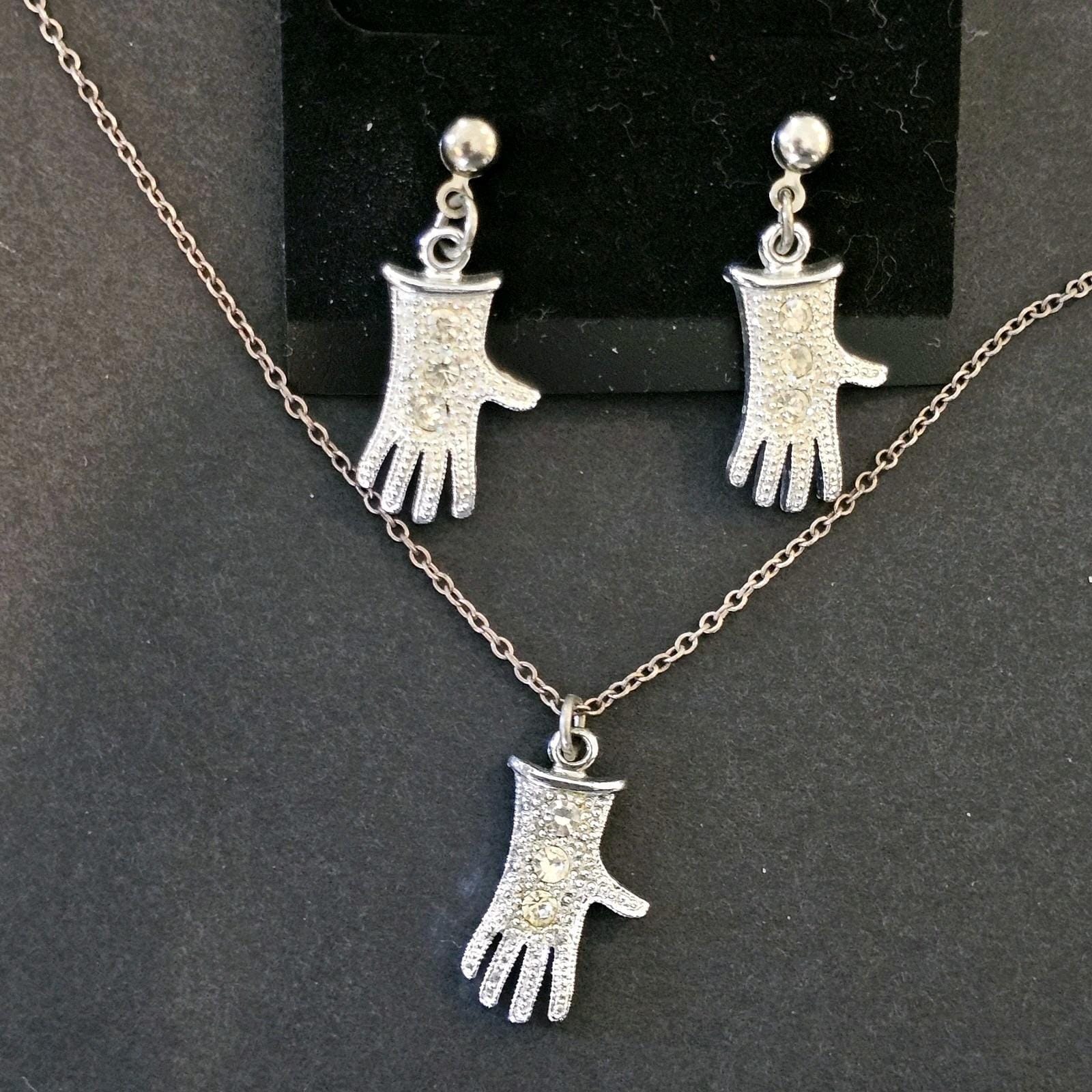 80s Michael Jackson Glove Necklace Earrings Set Rhinestones