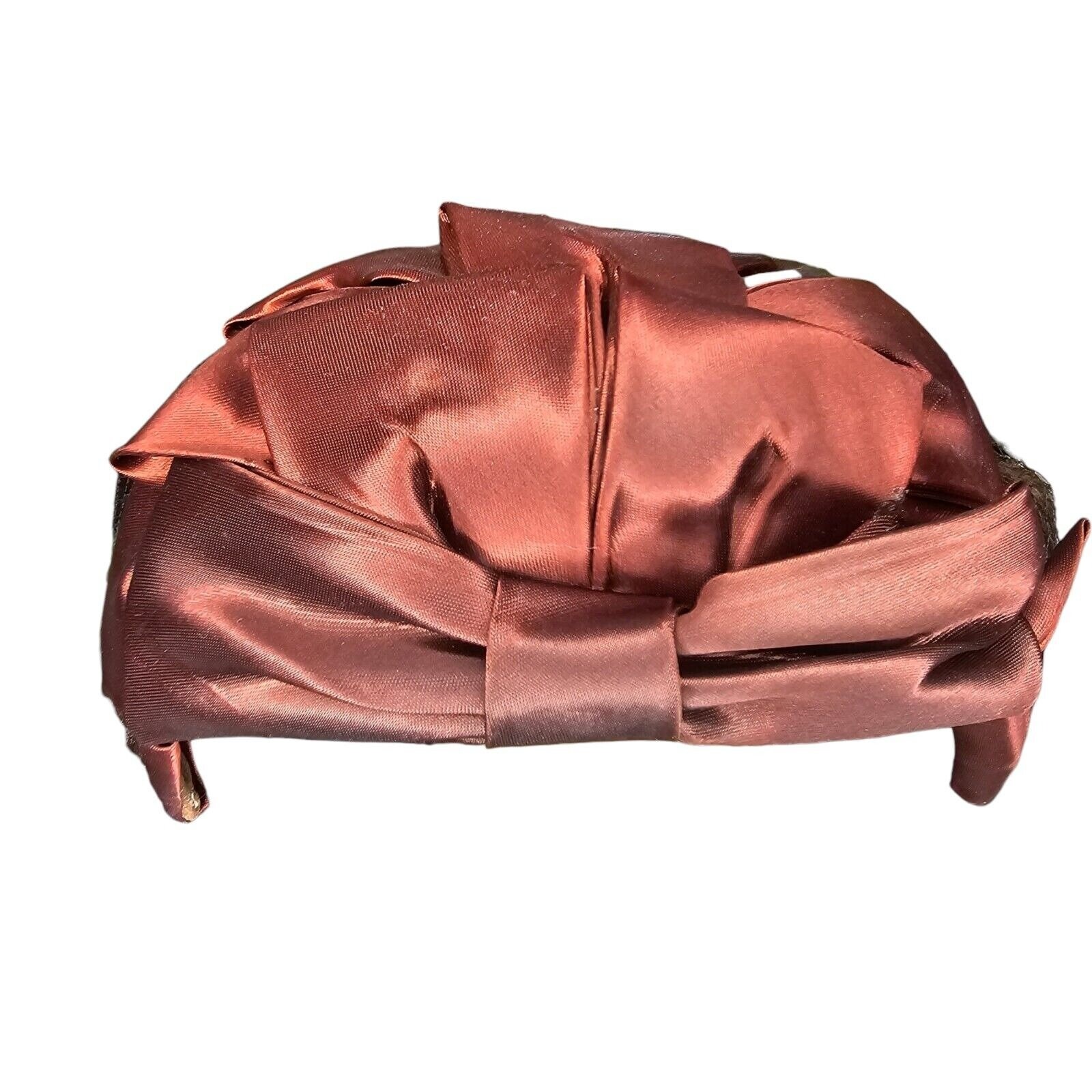 1950s Small Hat Brown Fur Fabric Bow Netting Rust Orange  display picture 3