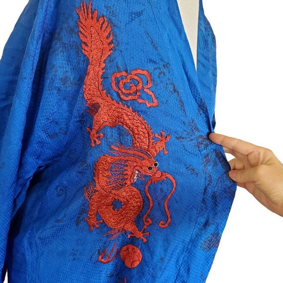 Vintage 40s Blue Satin Silk Long Kimono Duster Em… - image 4
