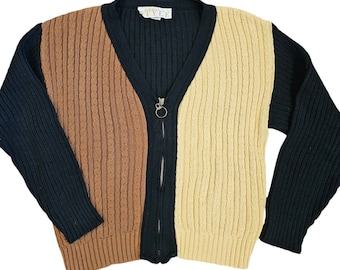 Retro Womens Small Ribbed Cable Knit Zipup Cardigan Sweater Neutral Colorblock