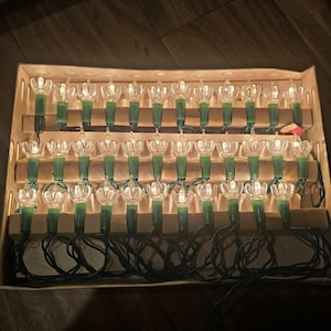 May include: A set of vintage Christmas lights with clear, flower-shaped bulbs and green bases. The lights are arranged in rows inside a cardboard box, with black wiring visible. The bulbs are lit, creating a warm glow.