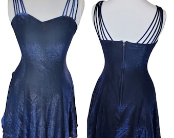 Vintage 90s Metallic Blue Strappy Mini Dress Formal 8 Hoco Prom Formal Party