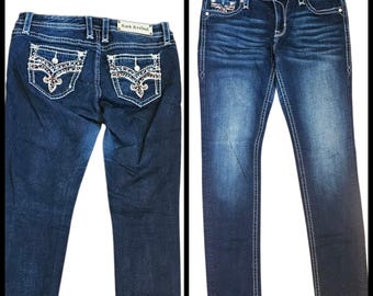 Rock Revival Womens Bling Skinny Jeans Sz 31 Dark Wash Inseam 33 Studded Nicci