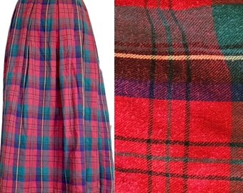 90s LL Bean Flannel Plaid Christmas Pleated Midi Skirt Pockets High Waist 4 Red Green Holiday Party