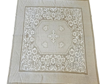 VTG Cream Beige Reversible Damask Floral Coverlet Bedspread French Twin Full