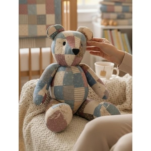 VTG Quilt Memory Teddy Bear Patchwork Primitive Cottagecore Stuffed Animal