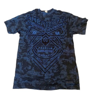 VTG 90s American Fighter Blue Black Training T Shirt Fitted Semi-sheer UFC MMA