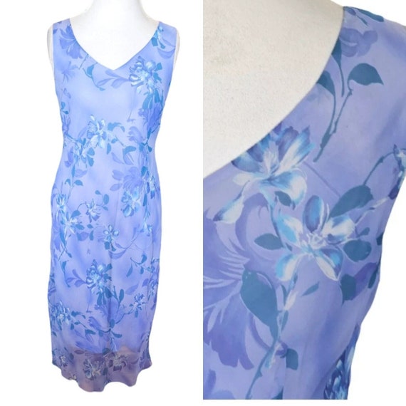 Vintage 90s Blue Purple Slip Dress Periwinkle Flo… - image 1