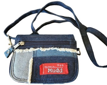 Vintage 90s Y2K Mudd Denim Patchwork Organizer Crossbody Purse Small W Mirror