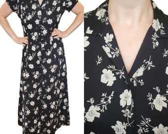 Vintage 90s Lauren Ralph Lauren Black Silk Maxi Shirt Dress Collar Floral Sz 8