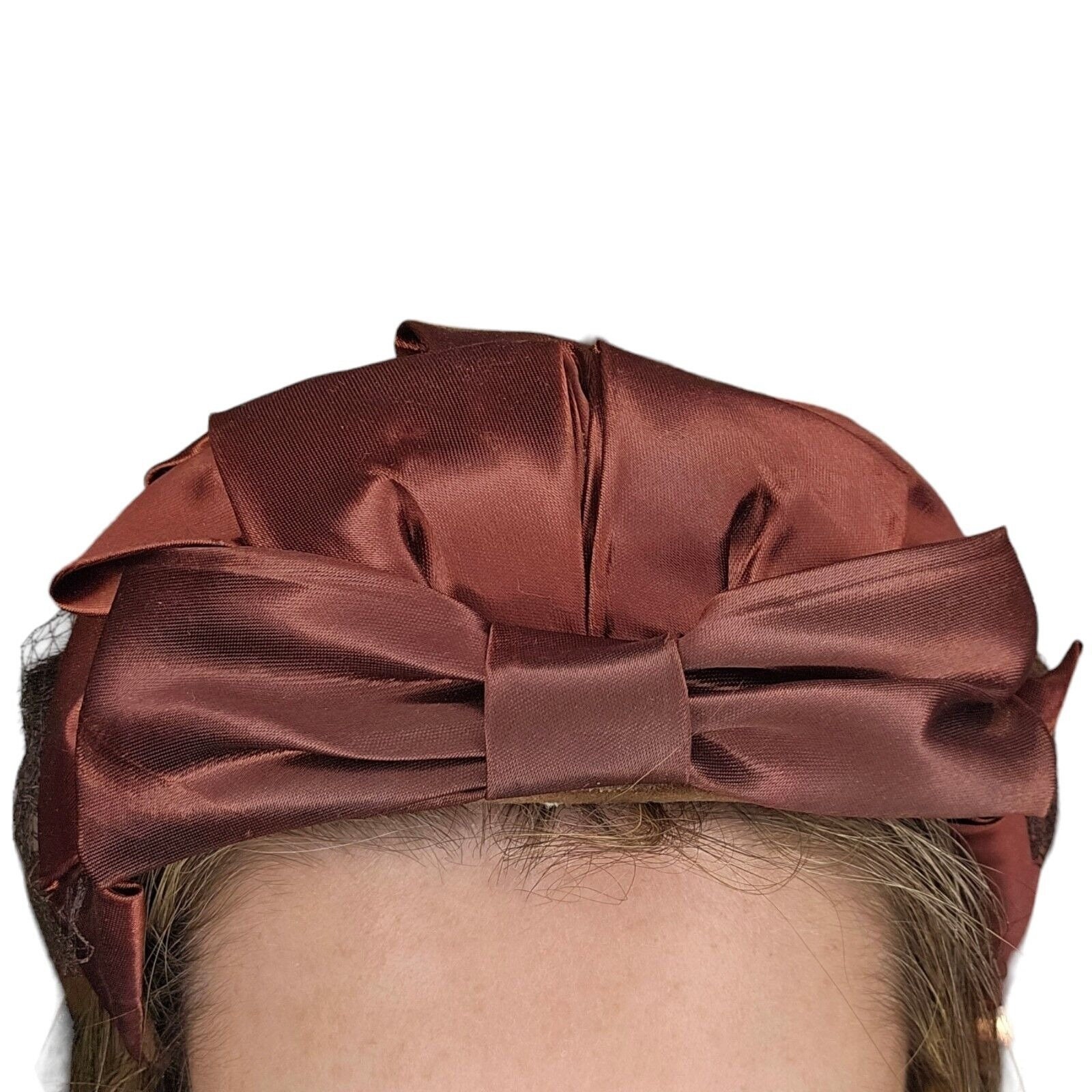 1950s Small Hat Brown Fur Fabric Bow Netting Rust Orange 