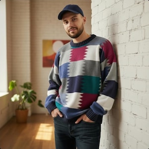 VTG Mens Sweater Sz L Patchwork Checkered Crewneck Cotton Multi-colored 90s