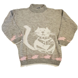 Vintage 90s Womens Cat Mouse Sweater Mockneck Size Small Acrylic Gray Fairy Kei