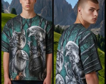 VTG Nature Tshirt Tee Double Sided All Over Print Sz L Streetwear Eagle Wolf