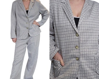 Vintage 70s Cream Plaid XL Womens Leisure Pant Suit Straight Leg Disco Retro