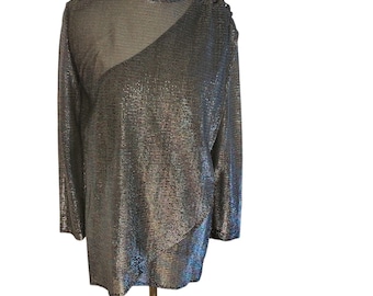 May include: A silver and black iridescent long-sleeved top with a round neckline and a button detail on the shoulder.