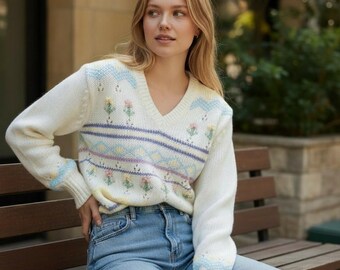 VTG Sweater Sz S White Floral Pastel Fairy Kei Coquette V-neck Soft Girl 80s