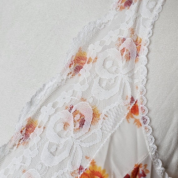 VTG Sheer White Orange Floral Full Slip Sz M Lace… - image 5