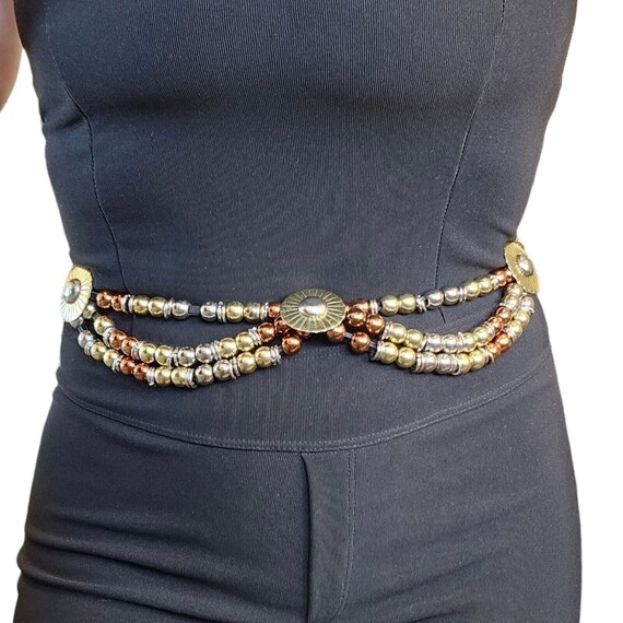 Vintage Mixed Metal Beaded Medallion Waist Belt XS Gold  display picture 2