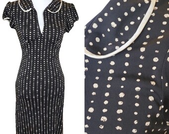 Vintage 90s Retro Pinup Style Polka Dot Collared Dress Black Stretchy S/M