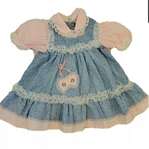 Vintage Baby Girl Pinafore Dress Ruffles Lace Micro Floral Blue Sz 12 Months