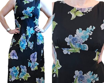 90s Talbots Sz 8 Black Silk Long Maxi Dress Floral Sleeveless Hydrangeas Vintage