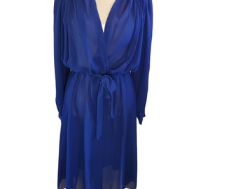 Vintage 80s Royal Blue Sheer Longsleeve Faux Wrap Midi Dress Size Medium