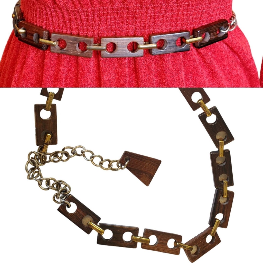 Vintage 80s Faux Wood Link Waist Belt Brown Boho Geometric 