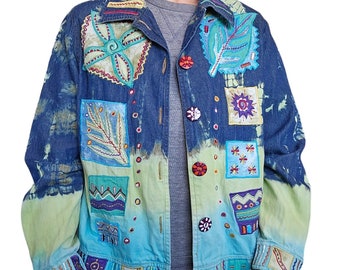 90s Denim Tiedye Patchwork Art To Wear Jacket Medium Embroidered Statement Blue