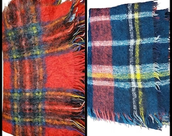 2 Vintage Mohair Pile Wool Red Tartain Plaid Lap Blankets Scotland Fuzzy Fringe Green