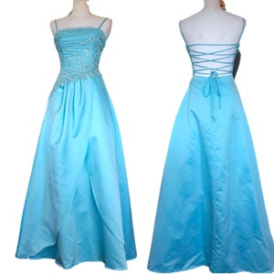 Y2K 2000s Sz 4 Aqua Blue Prom Dress Formal Gown Laceup Back Princess Satin