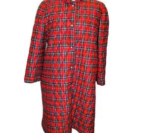 Vintage Womens Red Green Christmas Plaid Quilted Insulated Housecoat Robe Sz M/L
