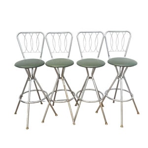 Vintage MCM Atomic Chrome Hourglass Swivel Bar Stools With Back Set Of 4 Green