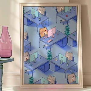 Puede incluir: Una impresión de arte mural enmarcada que presenta una ilustración isométrica de un entorno de oficina poblado por gatos de dibujos animados trabajando en escritorios azules con computadoras, teclados y pequeñas plantas en macetas.