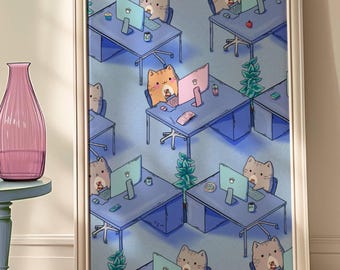 May include: A framed wall art print featuring an isometric illustration of an office environment populated by cartoon cats working at blue desks with computers, keyboards, and small potted plants, set against a light blue background.