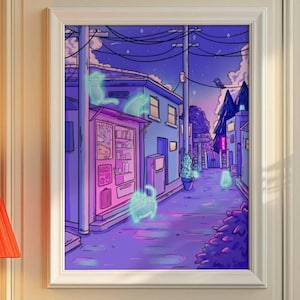 May include: A framed wall art print depicting a nighttime street scene in shades of purple and blue. The illustration features a vending machine, utility poles with wires, and glowing, translucent cat-shaped figures in a quiet urban alleyway.
