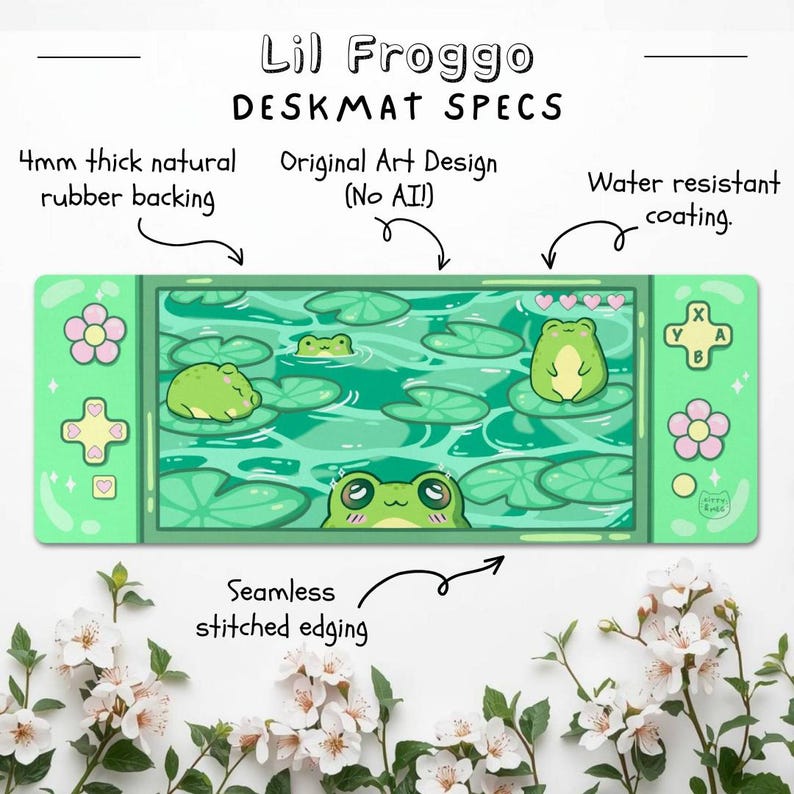 May include: A green deskmat featuring a frog-themed design with lily pads and frogs. The deskmat has a water-resistant coating, seamless stitched edging, and a 4mm thick natural rubber backing. The text "Lil Froggo DESKMAT SPECS" is at the top.