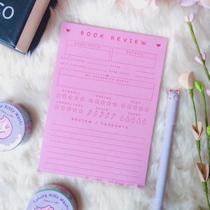 Bloc de notas A6 para reseñas de libros / Cuaderno rosa con motivos literarios
