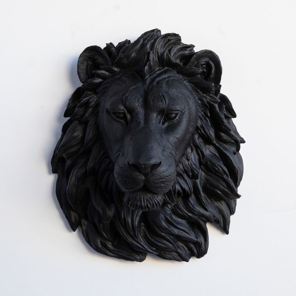 Faux Taxidermy Lion Head Mount - Wall Decor - Black - L17