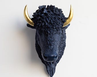 Faux Taxidermy Buffalo Bison Head - Wall Decor - Navy and Gold - BIH6553
