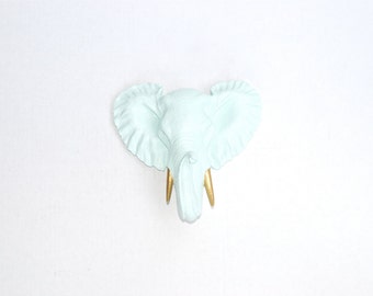 Elephant Head Wall Mount - Miniature Sea Foam Green Elephant With Gold Tusks Wall Mount - Faux Taxidermy - Baby Nursery Decor - MEL5153