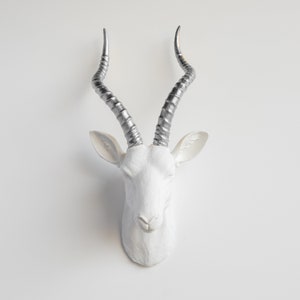 Faux Taxidermy Antelope Head Wall Mount - Wall Decor - White and Silver - ANT0110