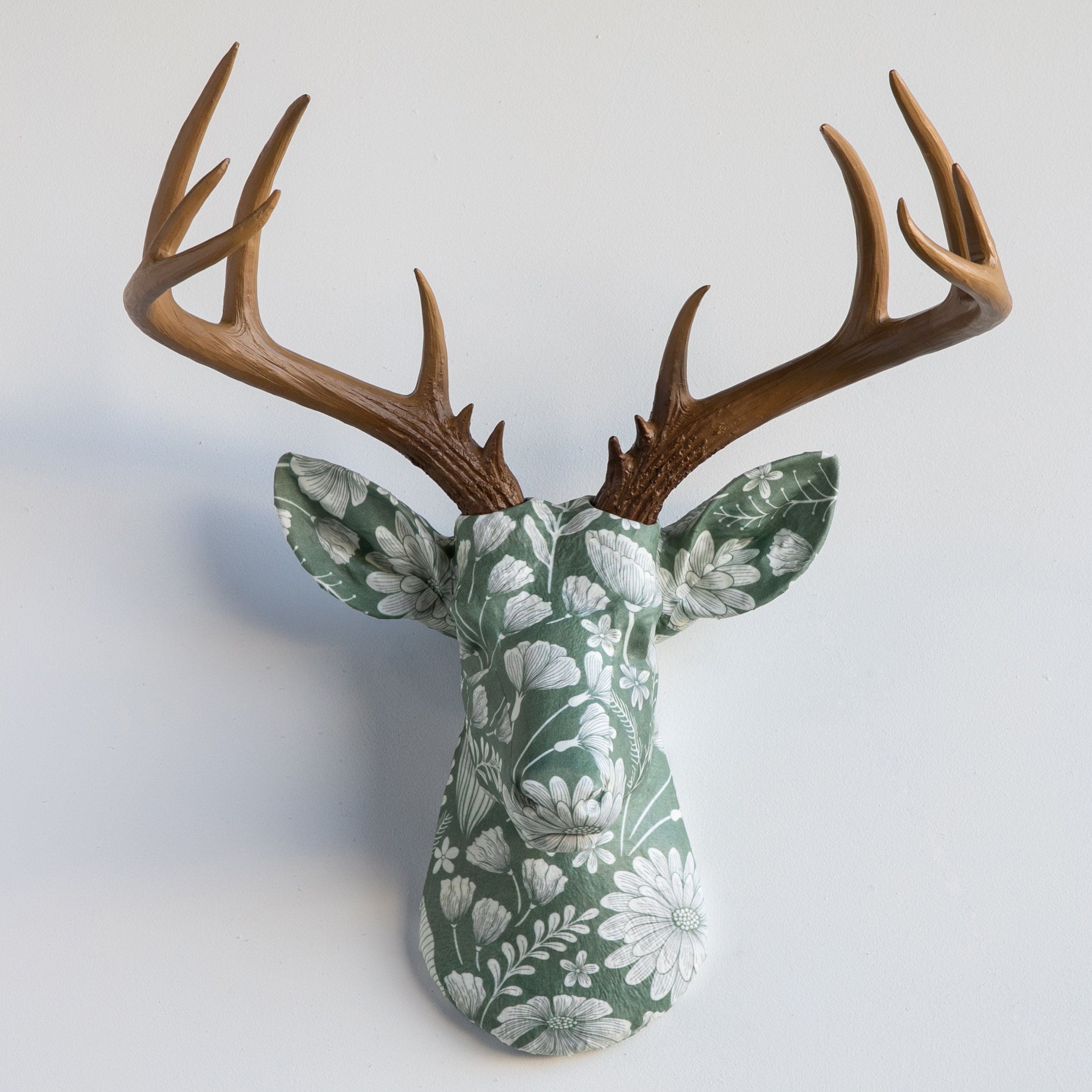 Faux Taxidermy Deer Head Fabric Wall Mount - Wall Decor - Sage Floral