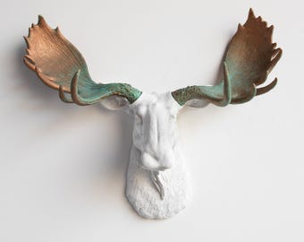 Faux Taxidermy Moose Head Wall Mount - Wall Decor - White and Copper Patina - M0174