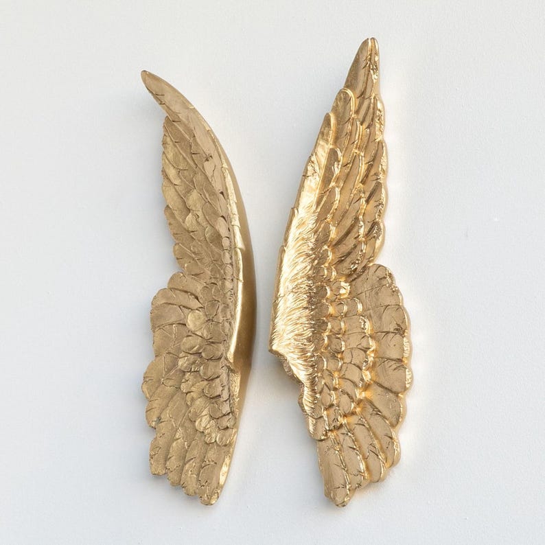 two golden, wing-like objects against a white background.