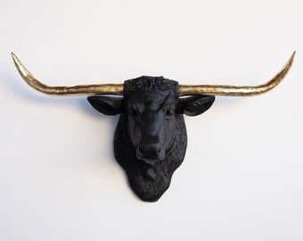 Faux Taxidermy Texas Longhorn Head Wall Mount - Wall Decor - Black and Gold - TLH1708