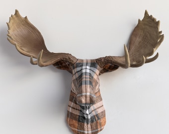 Faux Taxidermy Moose Head: Autumn Plaid Fabric Wall Decor